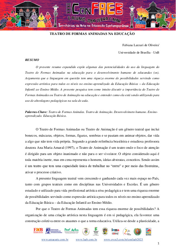 Teatro de formas animadas na educação  – Resumo expandido para os anais da CONFAEB 2023