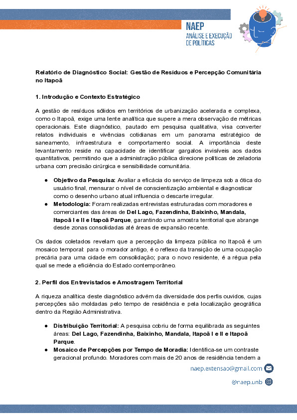Diagnóstico de resíduos sólidos e percepção comunitária no Itapoã/DF: Policy Paper (NAEP/UnB, 2025)